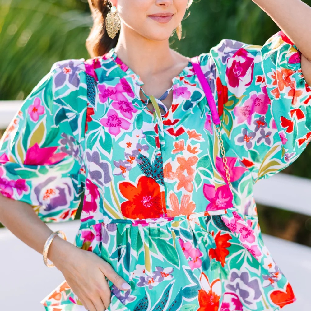 Umgee Teal Floral Peplum Blouse with Pink Red Purple Accents